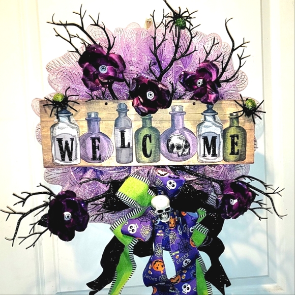 Hand Crafted Other - Halloween Welcome Wreath Potions Skulls Spiders Roses with Eyes